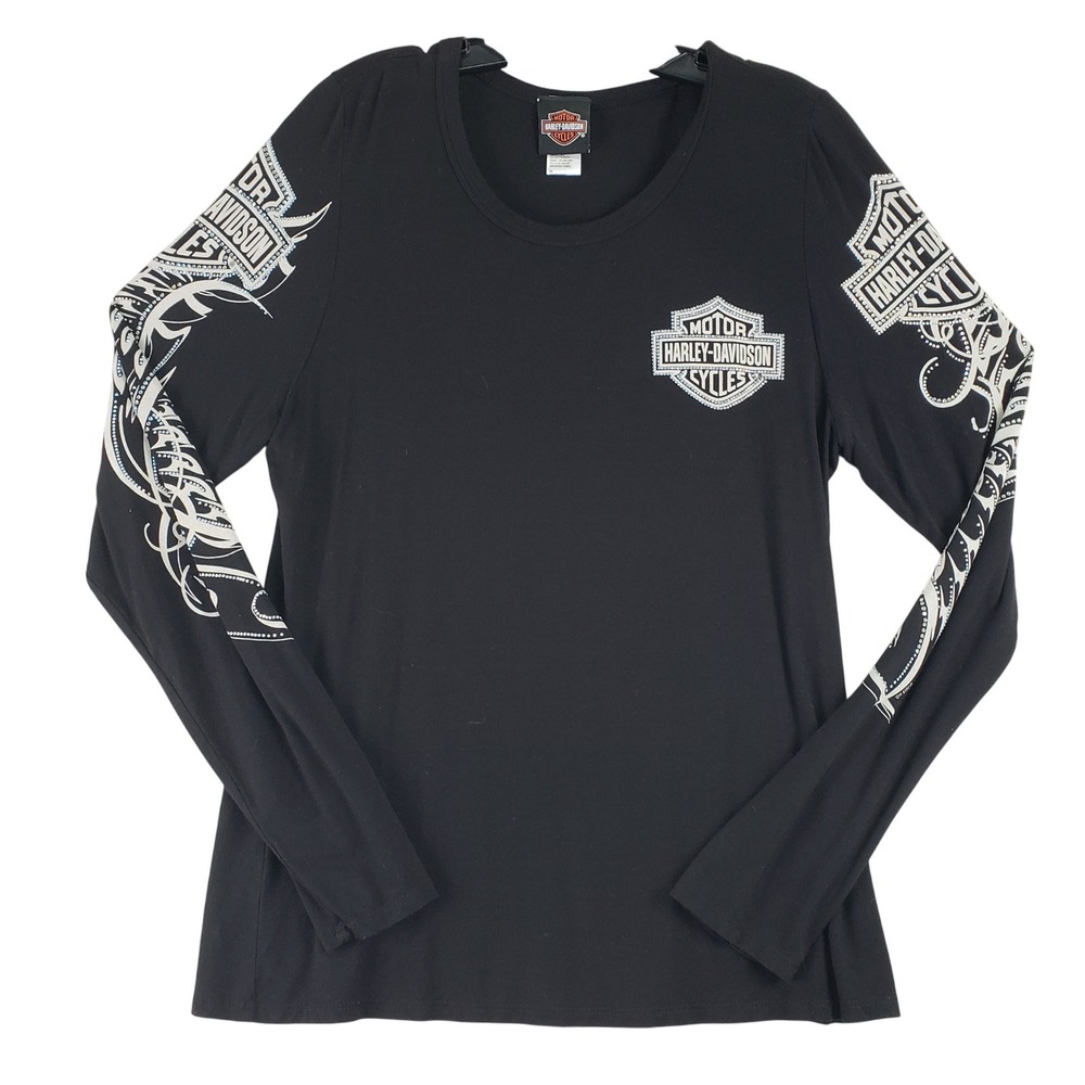 Harley Davidson Rhinestone Logo Top Womens 1XL Black Long Sleeve Biker Y2K